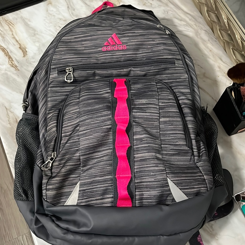 Pink and gray adidas backpack
